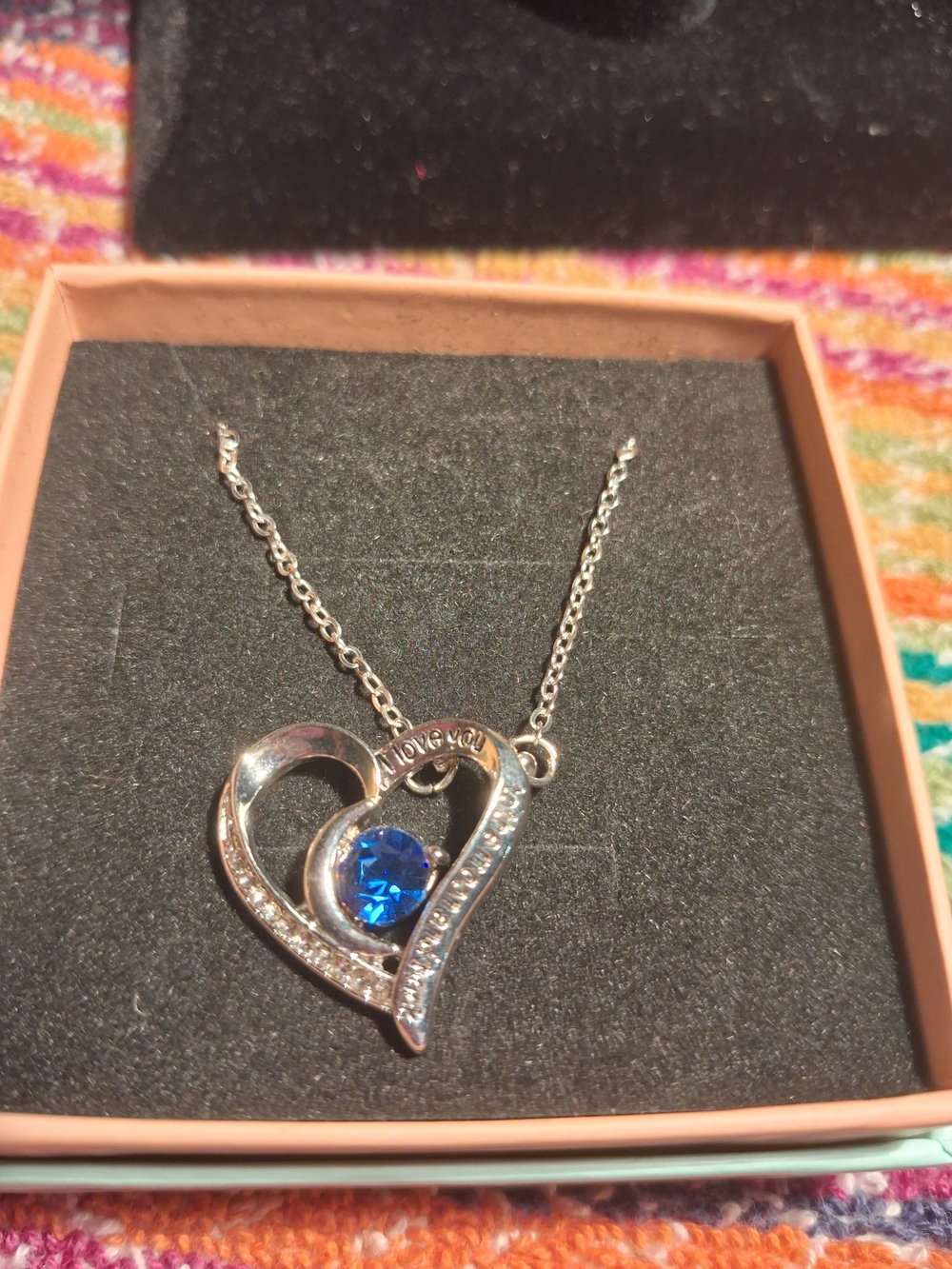 Heart Necklace with Blue Crystal Pendant I Love You To The Moon N Back